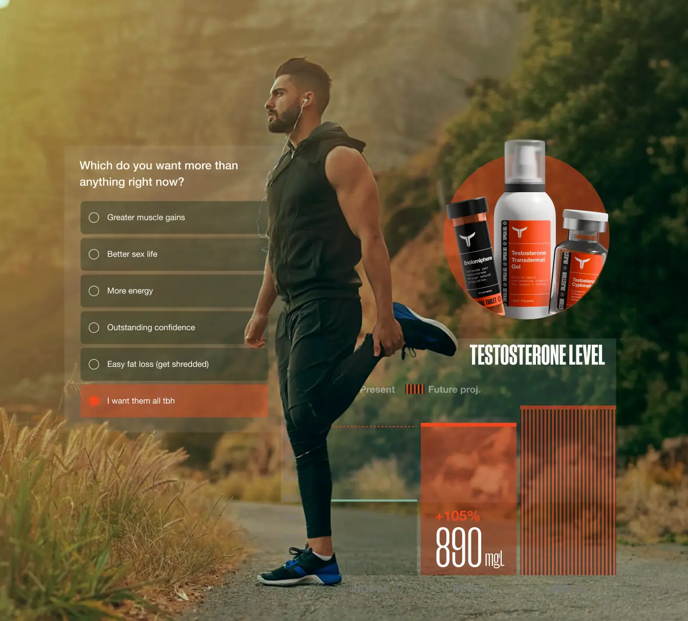 A lifestyle image of a fit man outdoors with some graphs around him showing his testosterone level increases